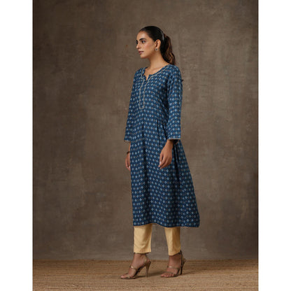 House of Chikankari Rayon Hand Embroidered Printed Womens Long Kurta - Navy Blue