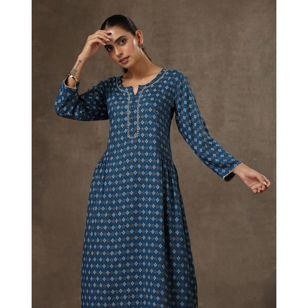 House of Chikankari Rayon Hand Embroidered Printed Womens Long Kurta - Navy Blue
