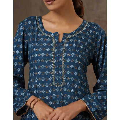 House of Chikankari Rayon Hand Embroidered Printed Womens Long Kurta - Navy Blue