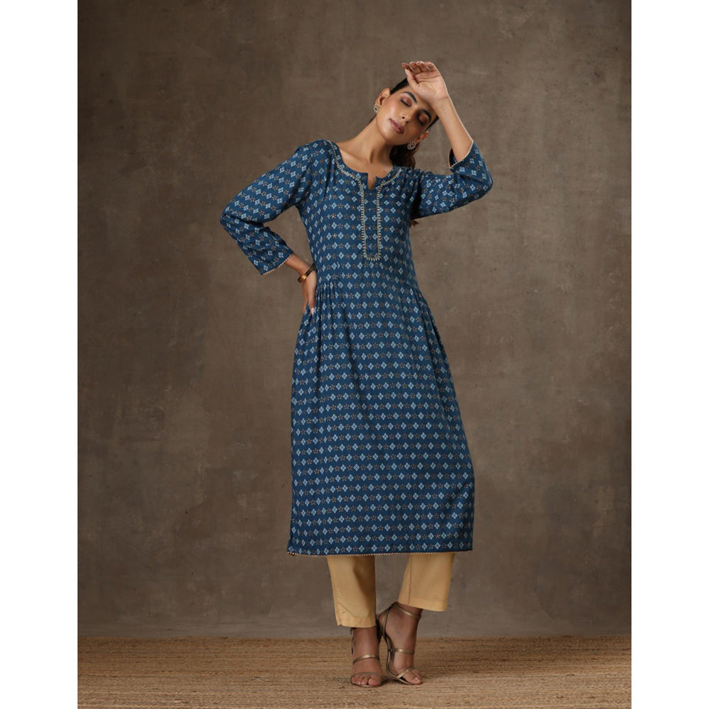 House of Chikankari Rayon Hand Embroidered Printed Womens Long Kurta - Navy Blue