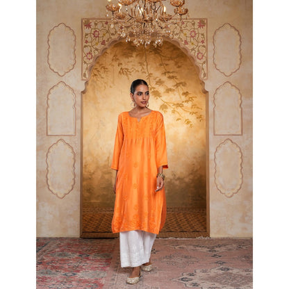 House of Chikankari Chanderi Chikankari Womens Long Kurta - Orange