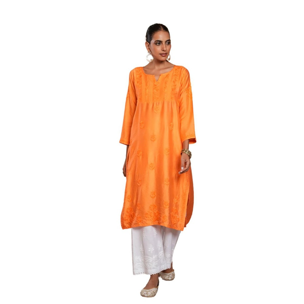 House of Chikankari Chanderi Chikankari Womens Long Kurta - Orange