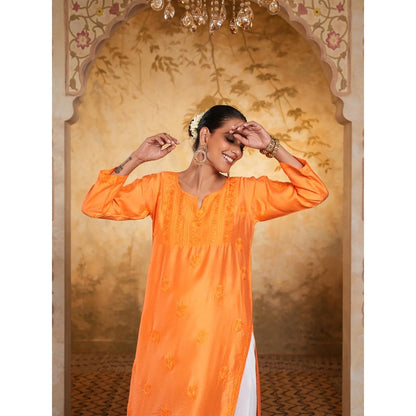House of Chikankari Chanderi Chikankari Womens Long Kurta - Orange