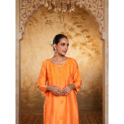 House of Chikankari Chanderi Chikankari Womens Long Kurta - Orange