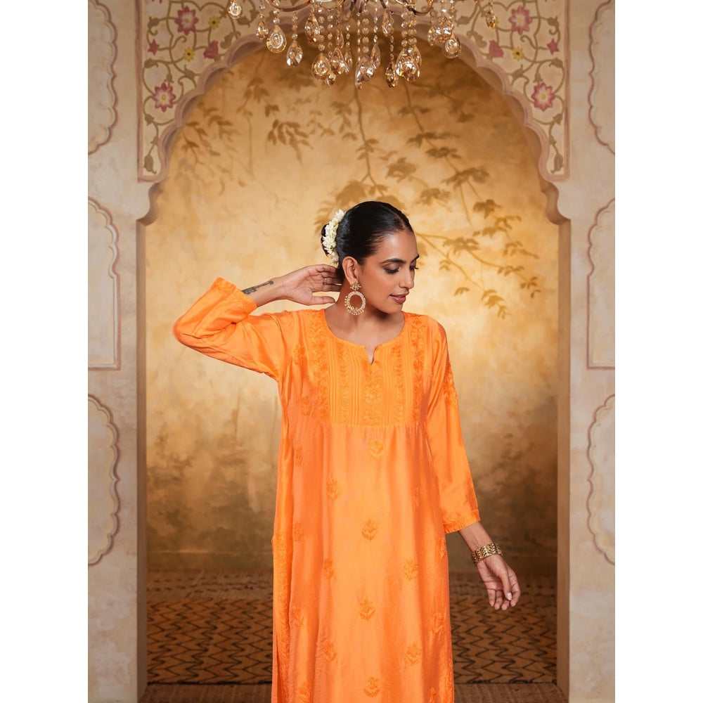 House of Chikankari Chanderi Chikankari Womens Long Kurta - Orange