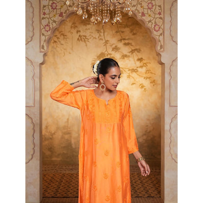 House of Chikankari Chanderi Chikankari Womens Long Kurta - Orange