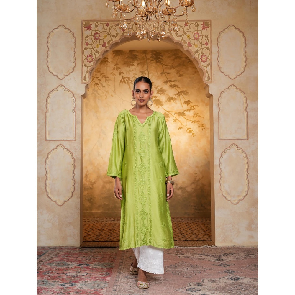 House of Chikankari Chanderi Chikankari Womens Long Kurta - Green