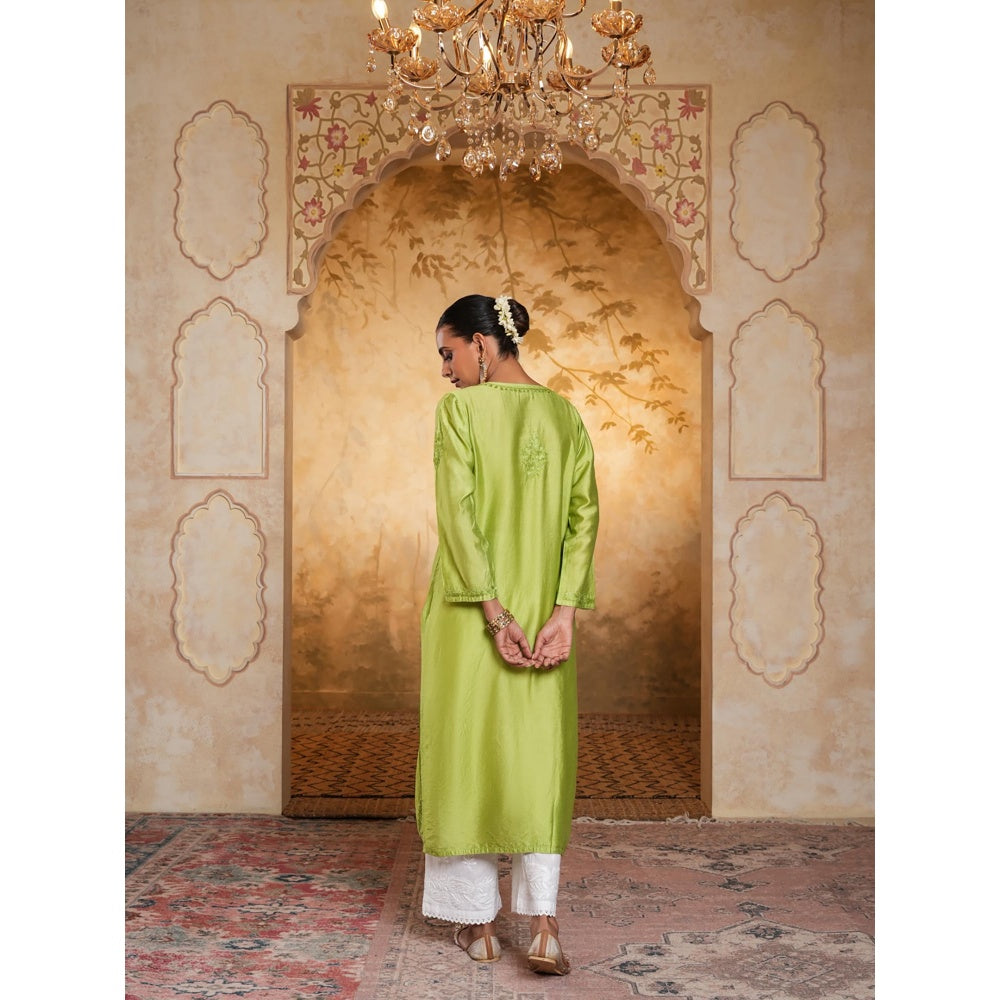House of Chikankari Chanderi Chikankari Womens Long Kurta - Green