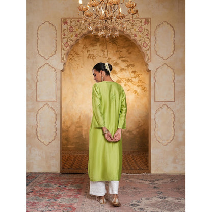 House of Chikankari Chanderi Chikankari Womens Long Kurta - Green