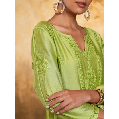 House of Chikankari Chanderi Chikankari Womens Long Kurta - Green