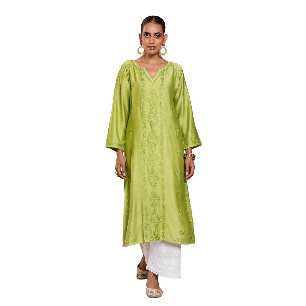House of Chikankari Chanderi Chikankari Womens Long Kurta - Green