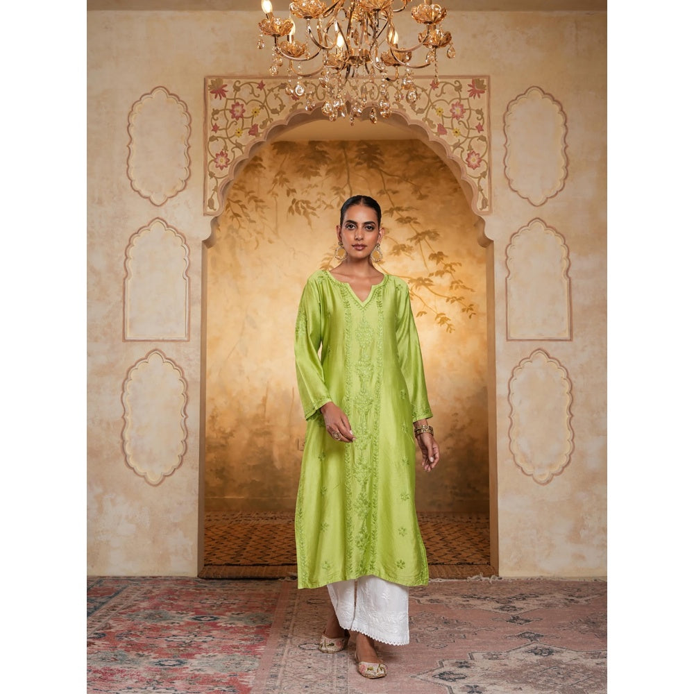 House of Chikankari Chanderi Chikankari Womens Long Kurta - Green