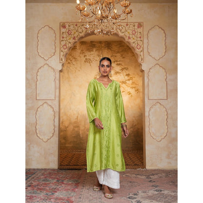 House of Chikankari Chanderi Chikankari Womens Long Kurta - Green