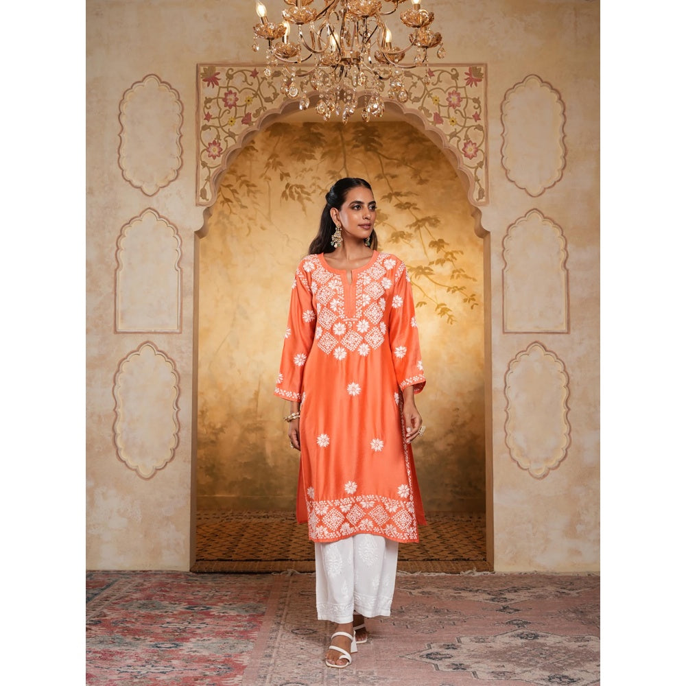 House of Chikankari Chanderi Chikankari Womens Long Kurta - Orange