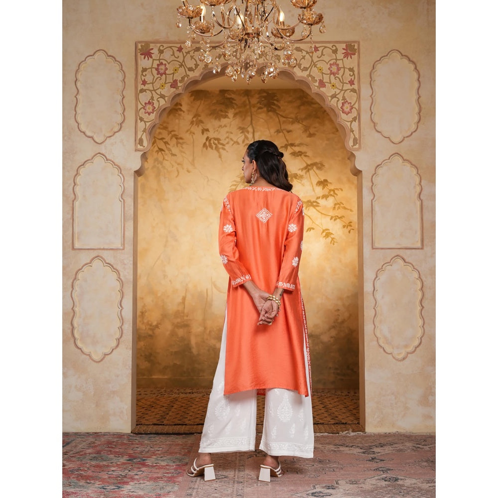 House of Chikankari Chanderi Chikankari Womens Long Kurta - Orange