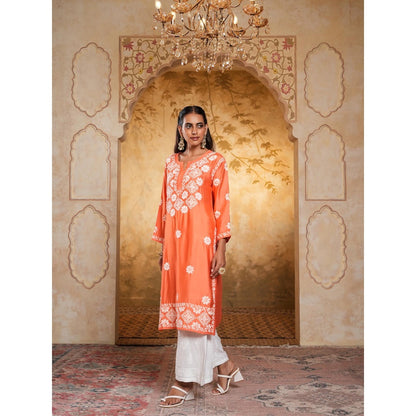 House of Chikankari Chanderi Chikankari Womens Long Kurta - Orange