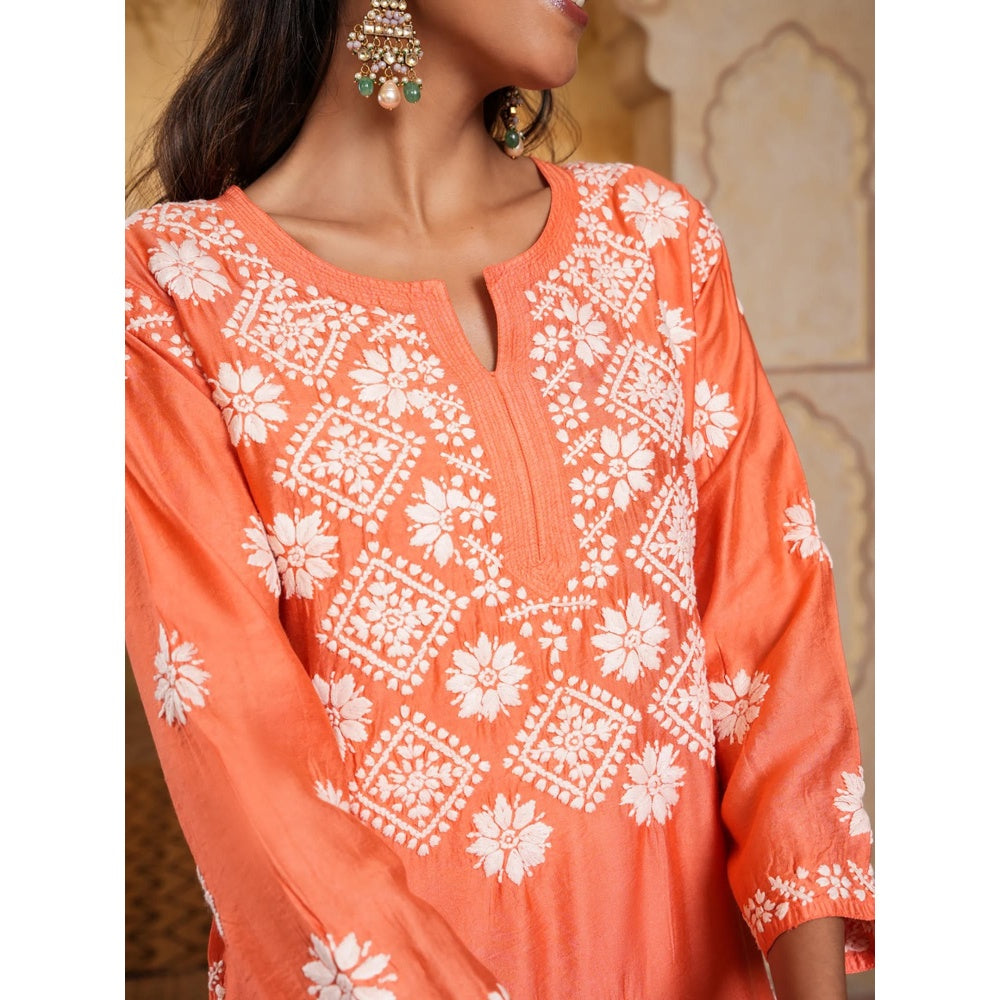 House of Chikankari Chanderi Chikankari Womens Long Kurta - Orange