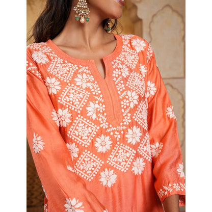 House of Chikankari Chanderi Chikankari Womens Long Kurta - Orange