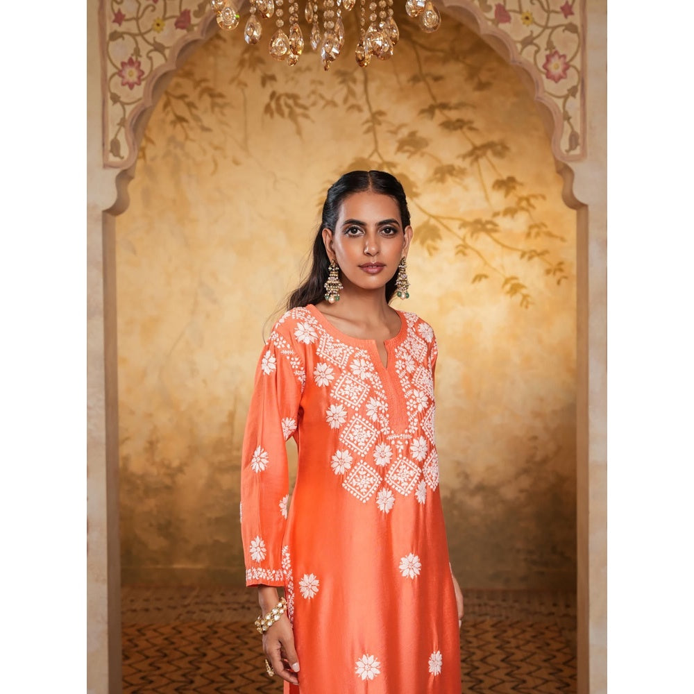 House of Chikankari Chanderi Chikankari Womens Long Kurta - Orange