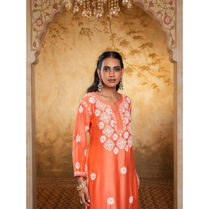 House of Chikankari Chanderi Chikankari Womens Long Kurta - Orange