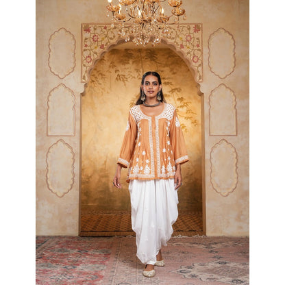 House of Chikankari Chanderi Chikankari Womens Short Kurti - Mustard