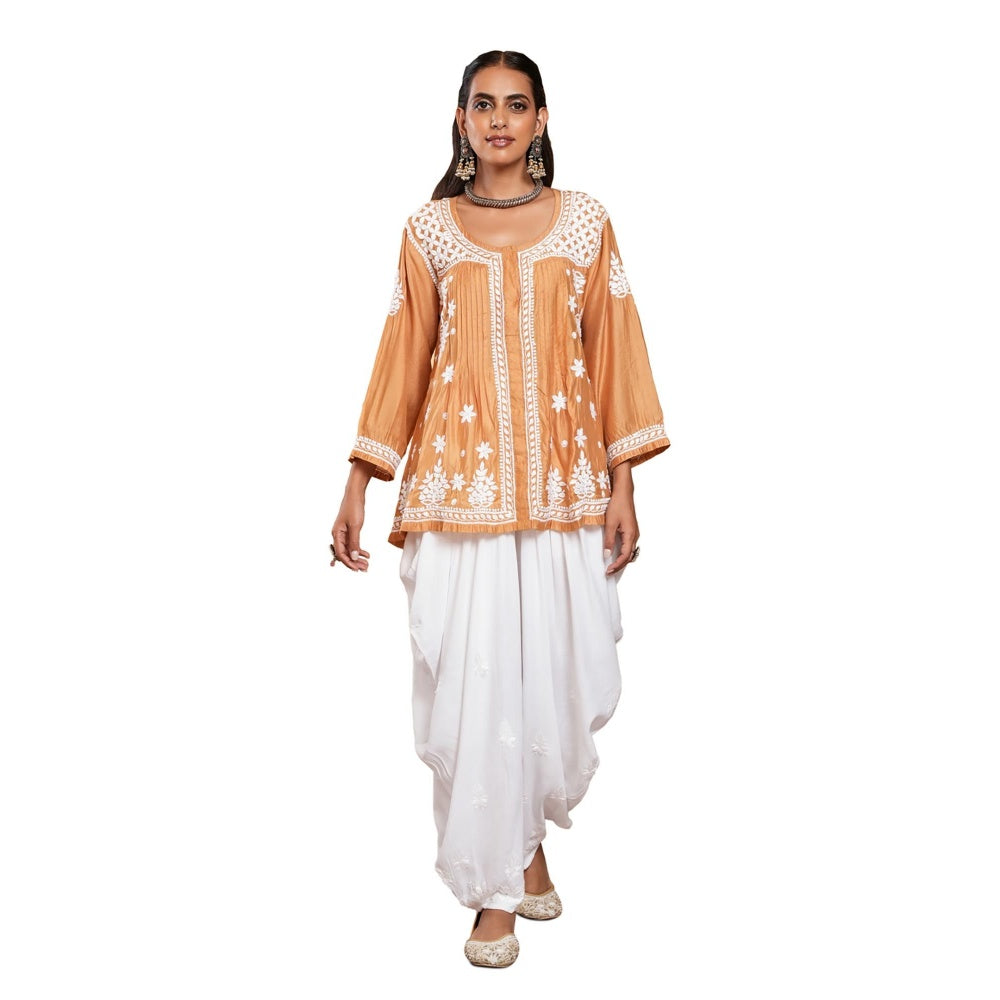 House of Chikankari Chanderi Chikankari Womens Short Kurti - Mustard