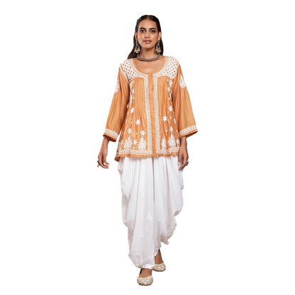 House of Chikankari Chanderi Chikankari Womens Short Kurti - Mustard