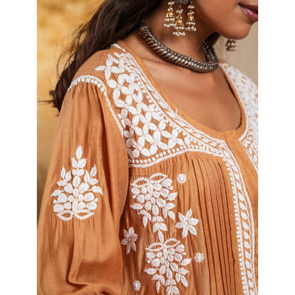 House of Chikankari Chanderi Chikankari Womens Short Kurti - Mustard