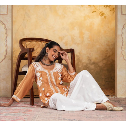 House of Chikankari Chanderi Chikankari Womens Short Kurti - Mustard