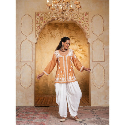 House of Chikankari Chanderi Chikankari Womens Short Kurti - Mustard