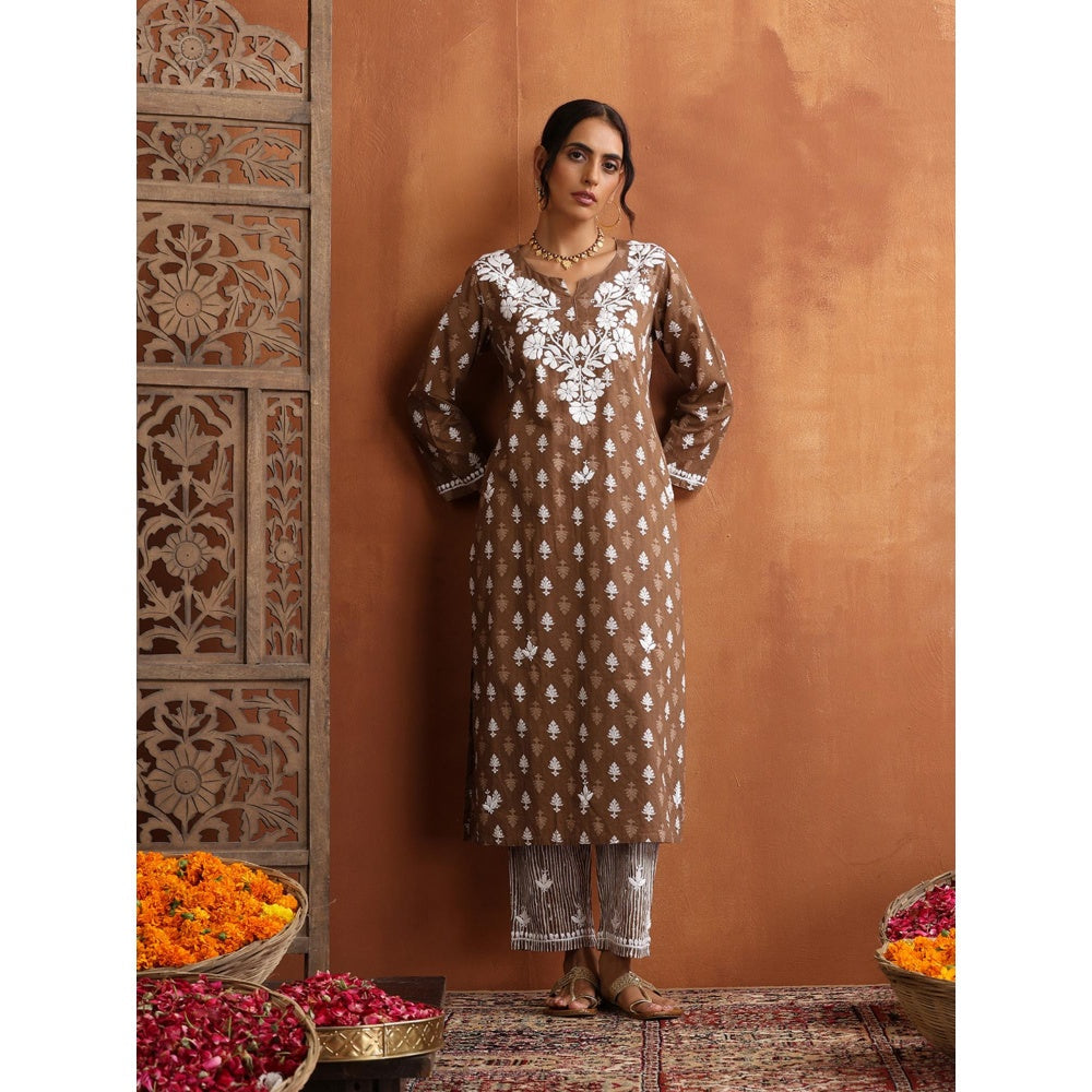 House of Chikankari Cotton Embroidered Printed Womens Kurta with Pant - Brown (Set of 2)