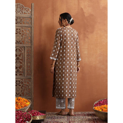 House of Chikankari Cotton Embroidered Printed Womens Kurta with Pant - Brown (Set of 2)