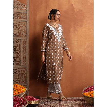 House of Chikankari Cotton Embroidered Printed Womens Kurta with Pant - Brown (Set of 2)