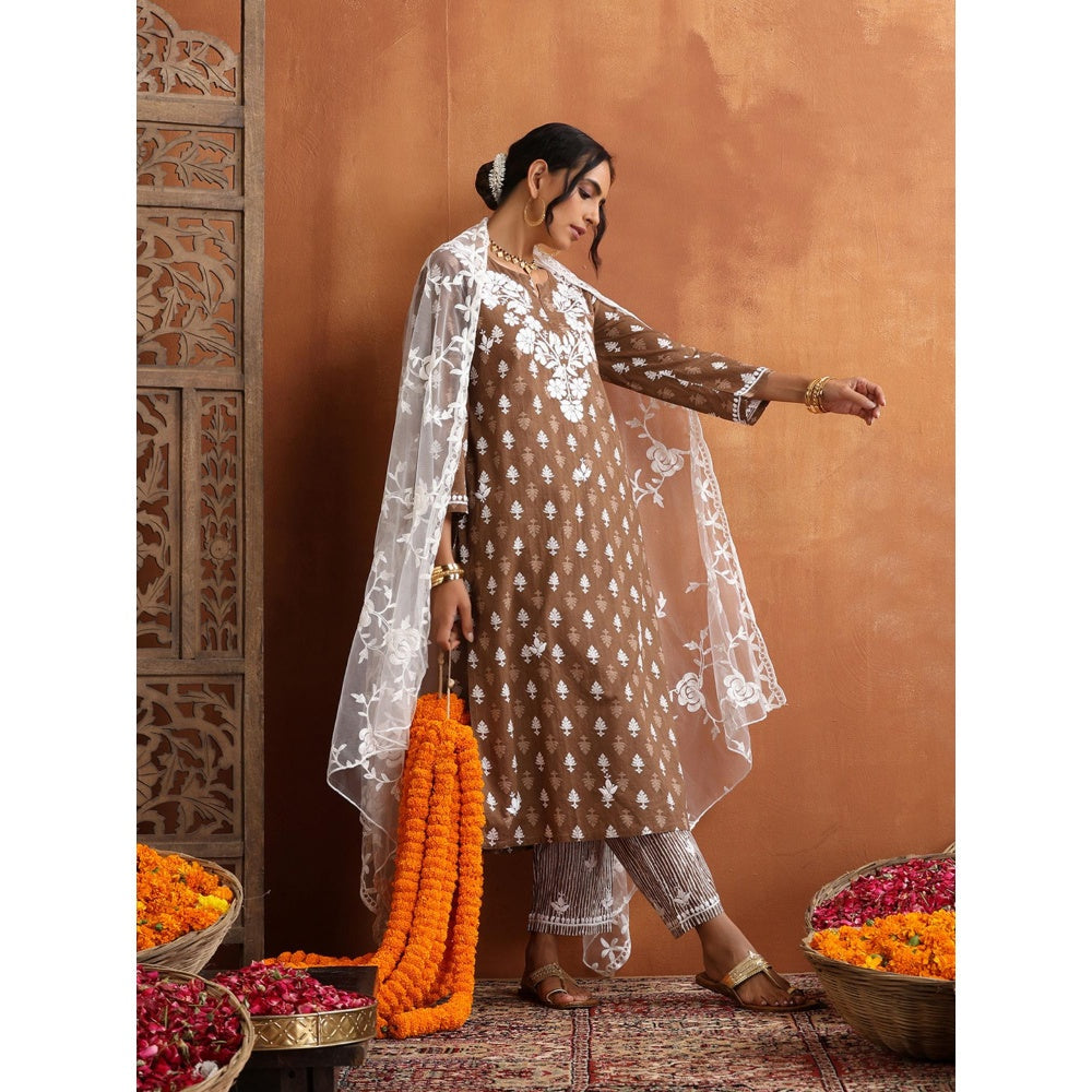House of Chikankari Cotton Embroidered Printed Womens Kurta with Pant - Brown (Set of 2)