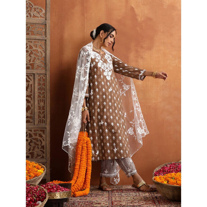 House of Chikankari Cotton Embroidered Printed Womens Kurta with Pant - Brown (Set of 2)