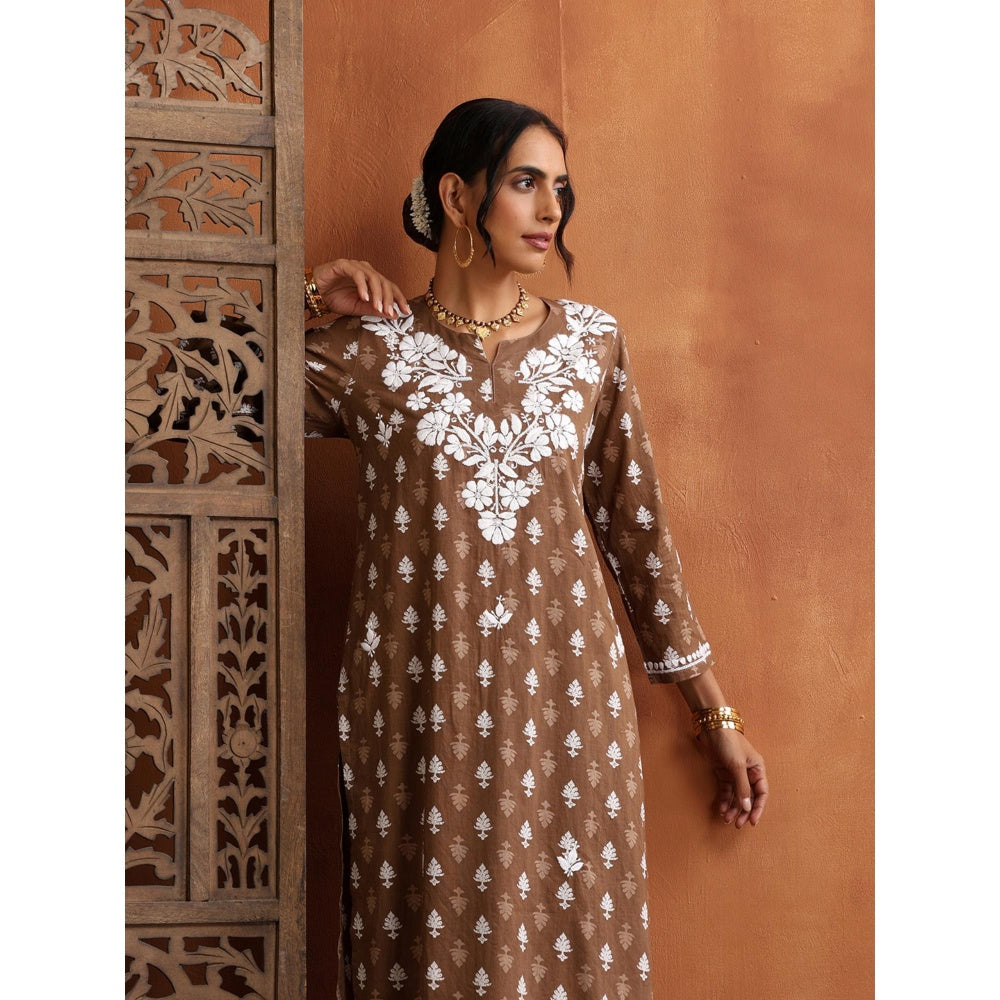 House of Chikankari Cotton Embroidered Printed Womens Kurta with Pant - Brown (Set of 2)