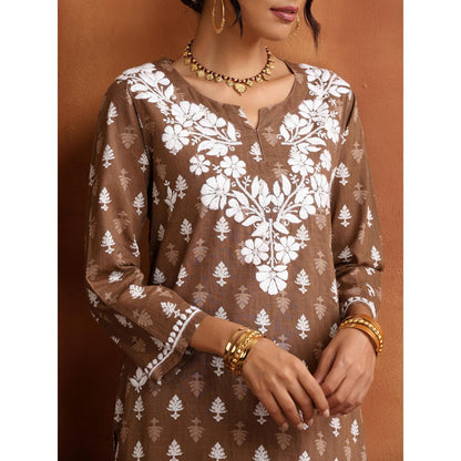 House of Chikankari Cotton Embroidered Printed Womens Kurta with Pant - Brown (Set of 2)