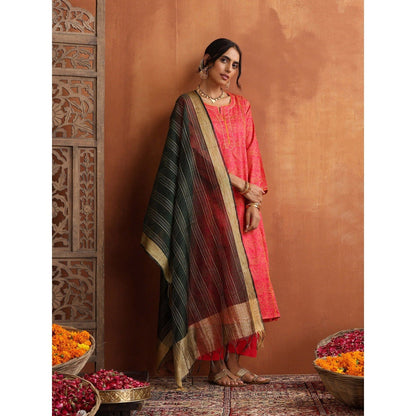 House of Chikankari Glazed Cotton Hand Block Pink Long Kurta and Pant with Dupatta (Set of 3)