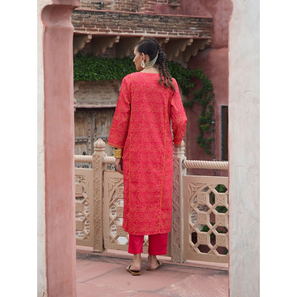 House of Chikankari Glazed Cotton Hand Block Pink Long Kurta and Pant with Dupatta (Set of 3)