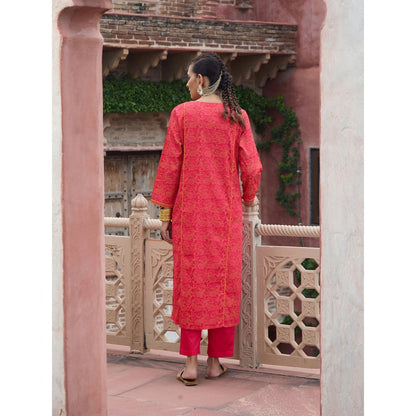 House of Chikankari Glazed Cotton Hand Block Pink Long Kurta and Pant with Dupatta (Set of 3)