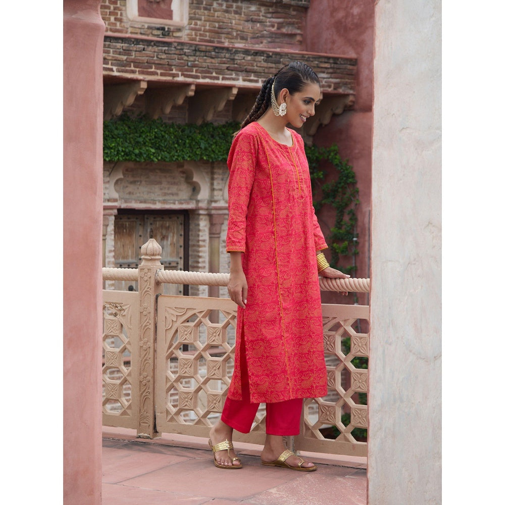 House of Chikankari Glazed Cotton Hand Block Pink Long Kurta and Pant with Dupatta (Set of 3)