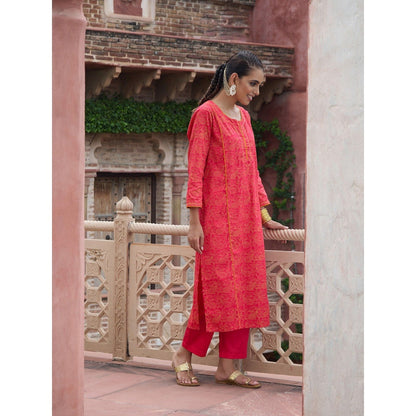 House of Chikankari Glazed Cotton Hand Block Pink Long Kurta and Pant with Dupatta (Set of 3)