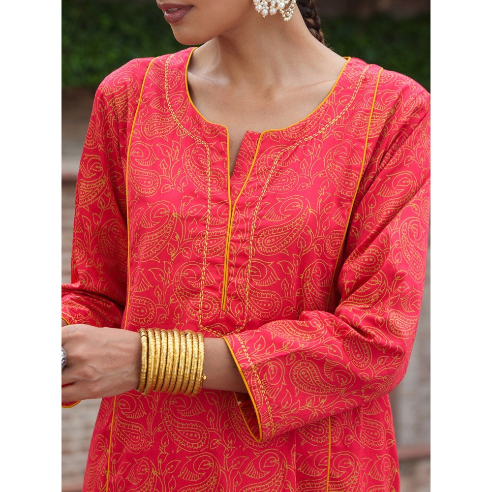 House of Chikankari Glazed Cotton Hand Block Pink Long Kurta and Pant with Dupatta (Set of 3)