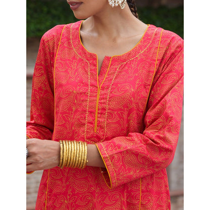 House of Chikankari Glazed Cotton Hand Block Pink Long Kurta and Pant with Dupatta (Set of 3)