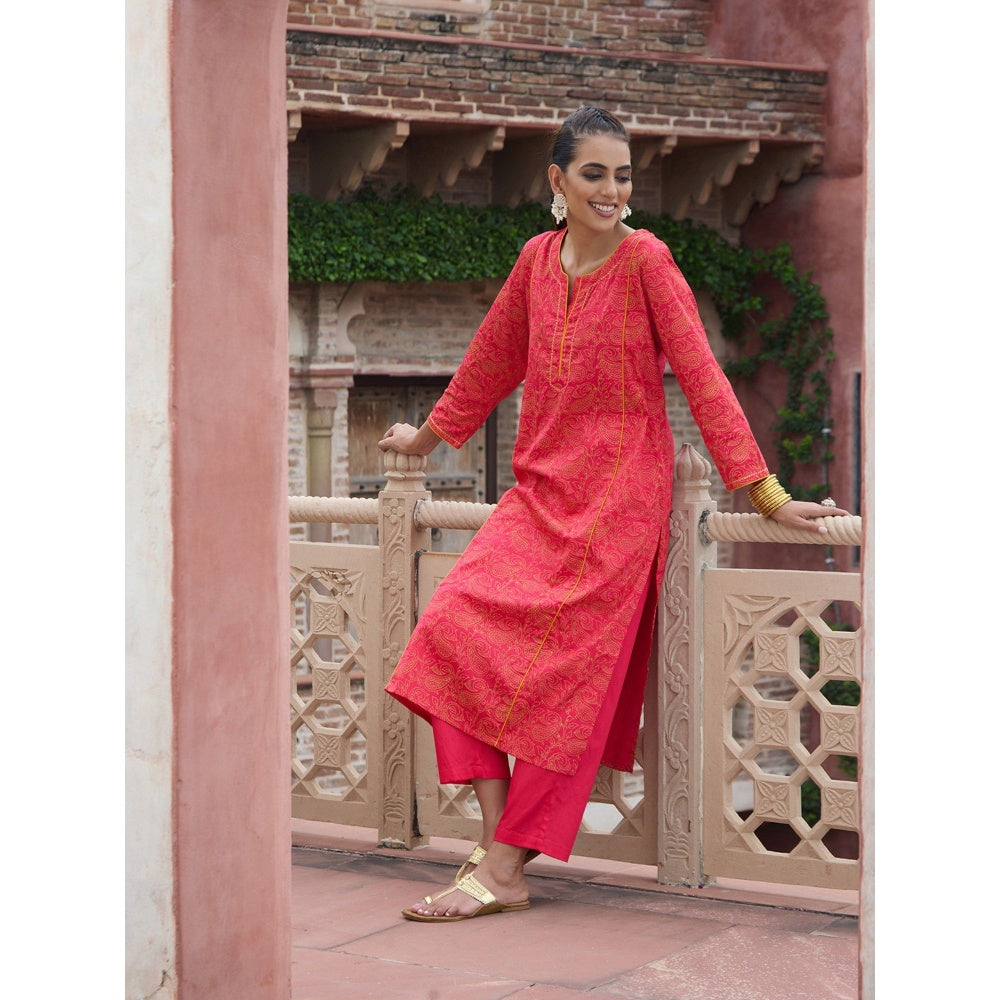 House of Chikankari Glazed Cotton Hand Block Pink Long Kurta and Pant with Dupatta (Set of 3)