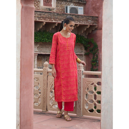 House of Chikankari Glazed Cotton Hand Block Pink Long Kurta and Pant with Dupatta (Set of 3)