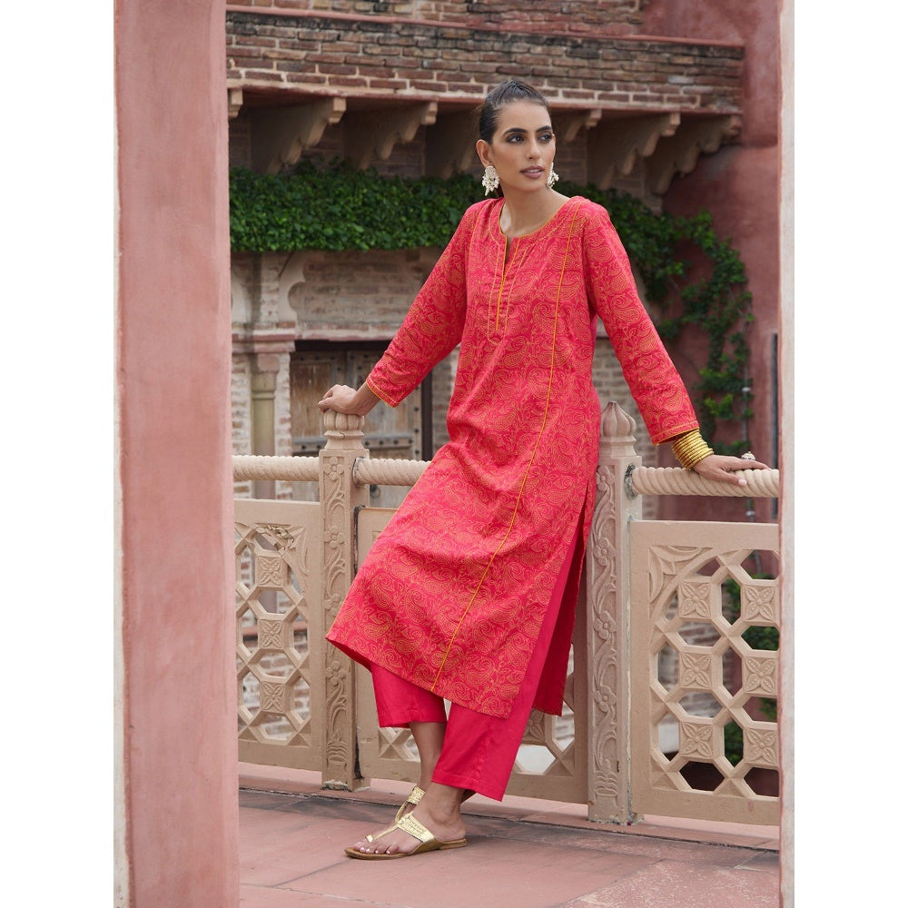House of Chikankari Glazed Cotton Hand Block Pink Long Kurta and Pant with Dupatta (Set of 3)