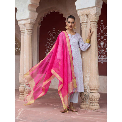 House of Chikankari Glazed Cotton Hand Block Grey Kurta and Pant with Dupatta (Set of 3)
