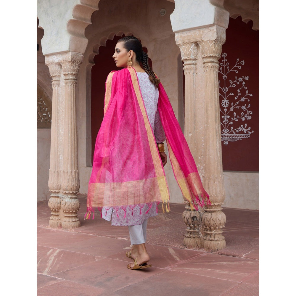 House of Chikankari Glazed Cotton Hand Block Grey Kurta and Pant with Dupatta (Set of 3)