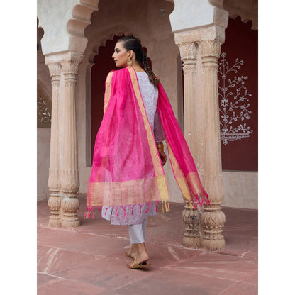 House of Chikankari Glazed Cotton Hand Block Grey Kurta and Pant with Dupatta (Set of 3)